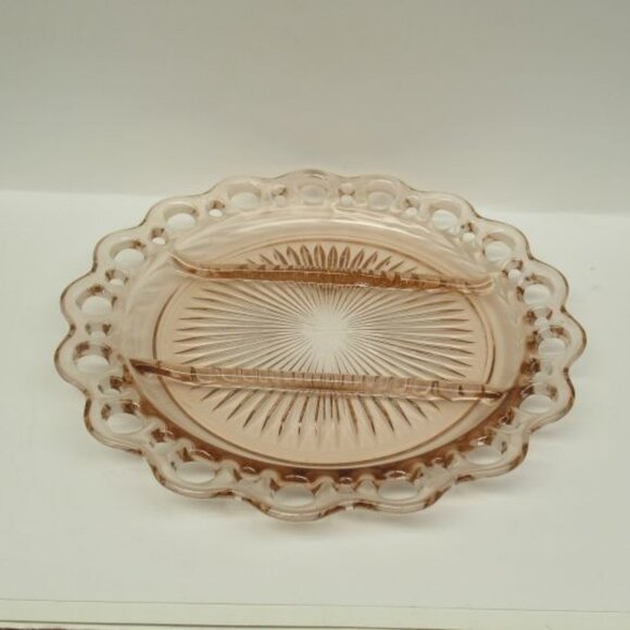 Hocking Depression Glass Pink OLD COLONY LACE EDGE 10 3/8 In 3-Part Relish Plate - Picture 2 of 4